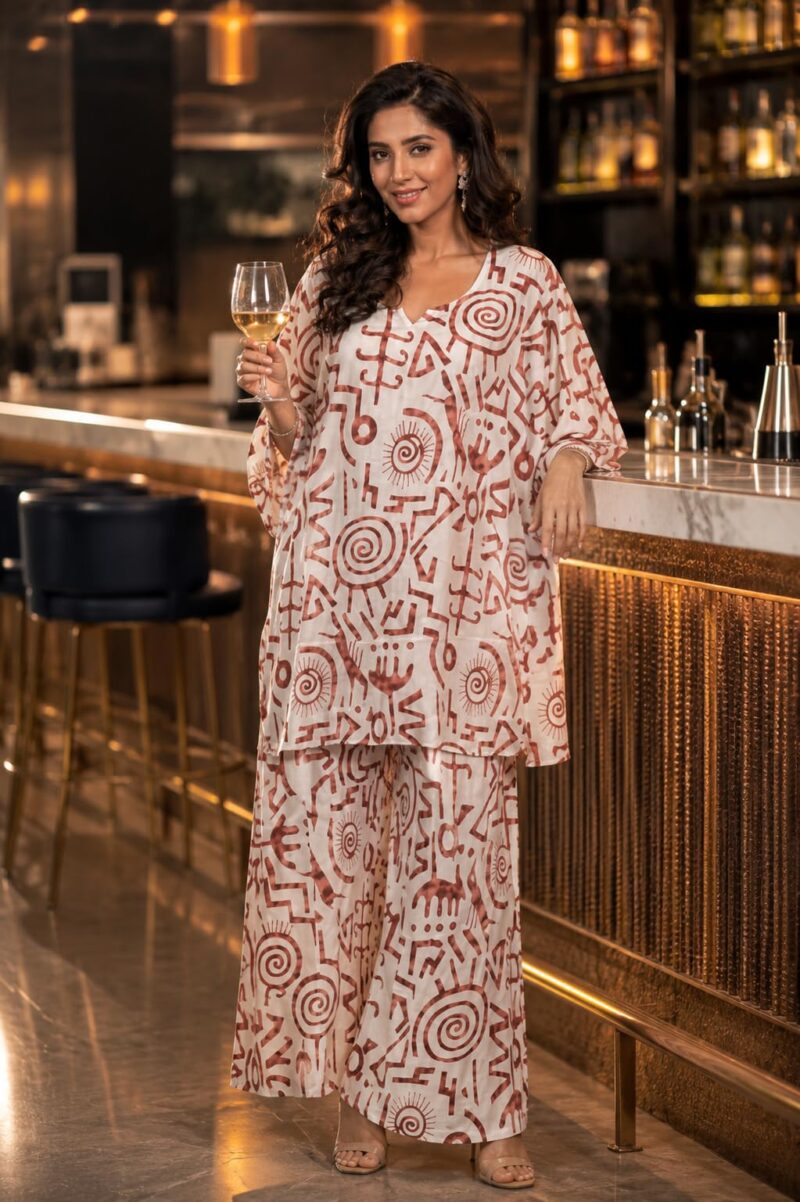 Cotton Printed Kaftan Co-Ord Set Free Size | MAROON Abstract Geometric Print Kaftan Top with Palazzo Pants | Free Size Relaxed Fit Lounge Wear, Travel Wear & Resort Wear for Women - Image 3