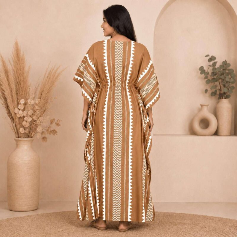 Women's Pure Cotton Kaftan Maxi Dress, Brown Geometric Print, V-Neck Loose Fit with Drawstring Waist & Wide Sleeves | Kaftan Nighty, Beach Cover Up, Vacation & Lounge Wear | Free Size S-XXL - Image 2
