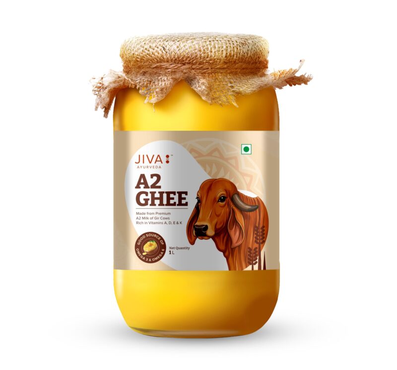Jiva Gir Desi Cow A2 Ghee 1 L | Made With A2 Milk From Gir Cows Using Bilona Churning Process | Excellent source of OMEGA 3, OMEGA 6, Vitamins B2, B12 (Pack of 1)