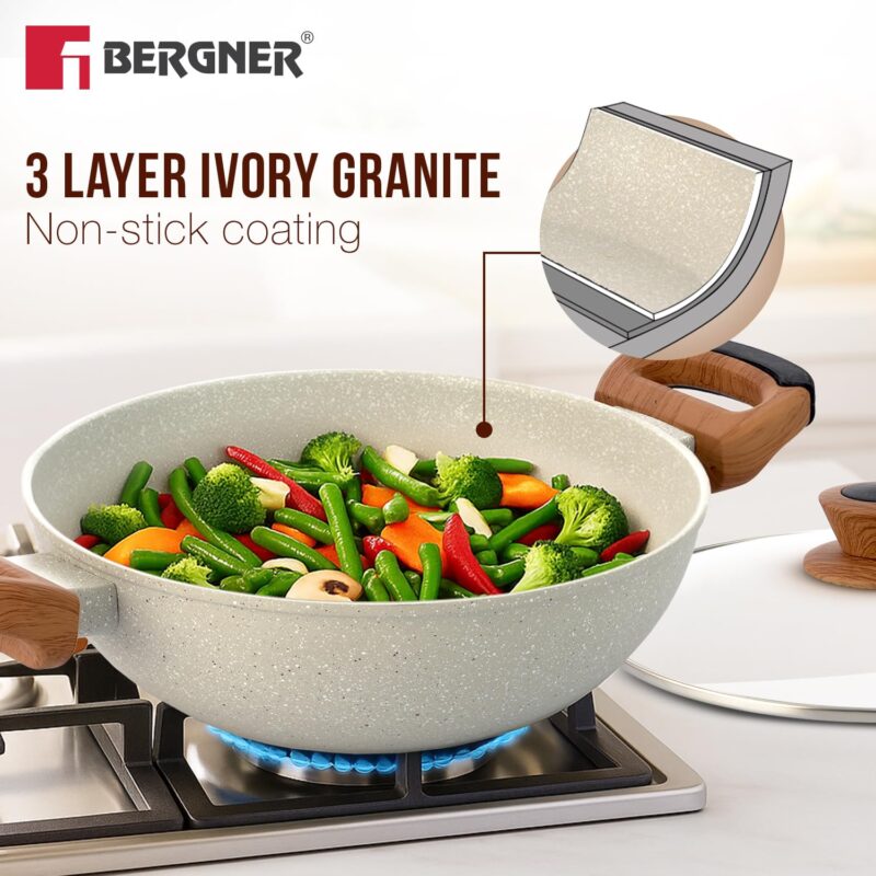 BERGNER Ivory Granite Non-Stick 24cm (2.5L) Kadai with Glass Lid, 3-Layer Marble Healthy Coating, Rivetless Soft Touch Handles, PFOA Free, Less Oil, Forged Aluminium - Induction and Gas Stove Ready - Image 4