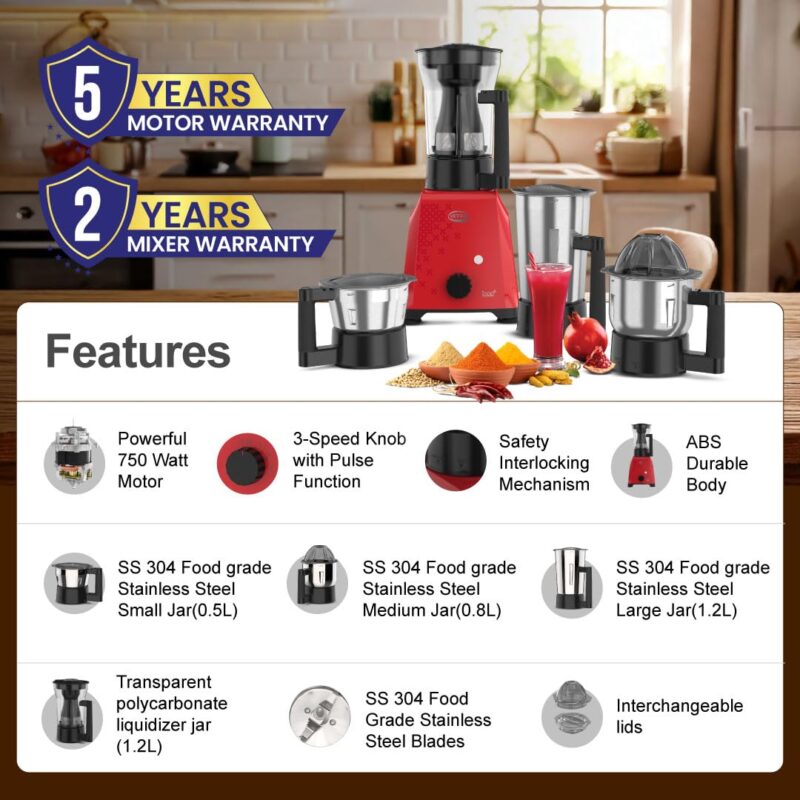 Ultra Topp+ Liquidizer Mixer Grinder - Candy Red | Fast and Heavy-Duty Grinding - 750W Motor with 5 Years Warranty | AISI 304 Food-Grade 4 SS Jar - ABS Body, Liquidizer with Filter 1.2L - Image 8