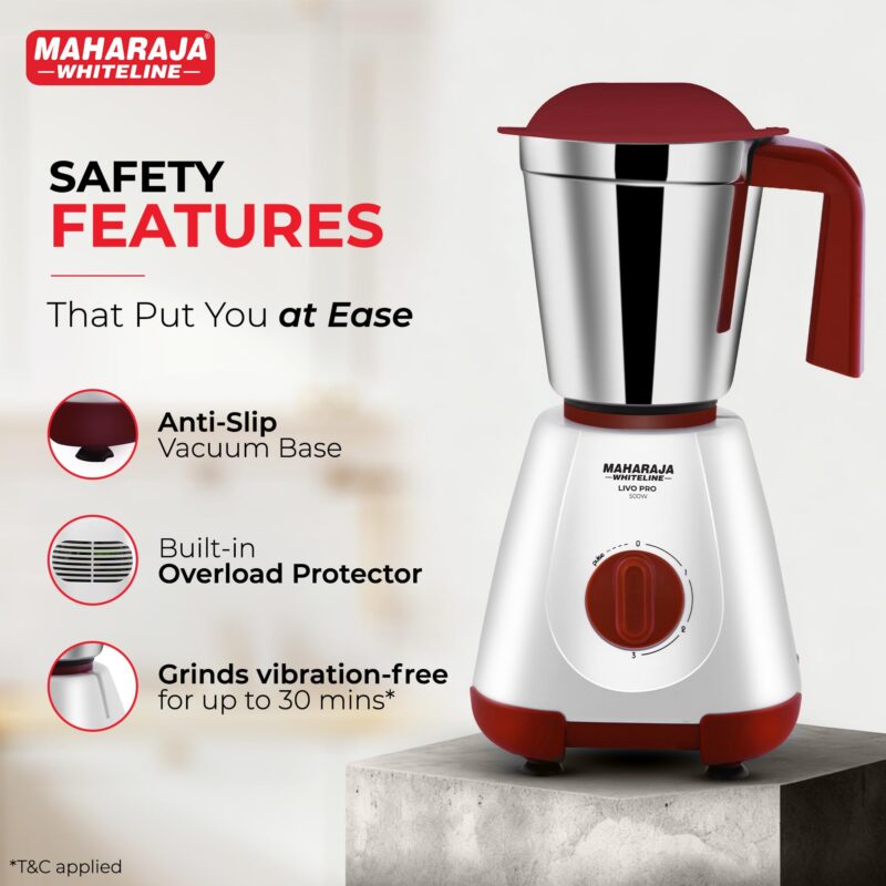 Maharaja Whiteline 500W Mixer Grinder with 3 Stainless Steel Jars with lid and 20,000 RPM Motor Speed (White & Cherry Red) - Image 3