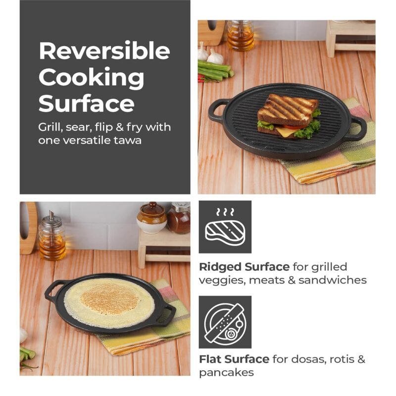 Lifelong Cast Iron 2-in-1 Dosa Tawa & Grill with Wooden Spatula (30cm) | Double-Sided Tawa/Pan for Roti, Dosa, Chapati, Fish & Steak | Naturally Nonstick, Gas & Induction Cookware | Reversible Cooking - Image 3