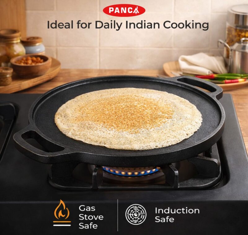 PANCA Pre-Seasoned Cast Iron Dosa Tawa 30 cm | Heavy Roti/Chapati Tawa for Gas & Induction | Chemical-Free, Naturally Non-Stick Pan (2 in 1 Grill Tawa) - Image 3