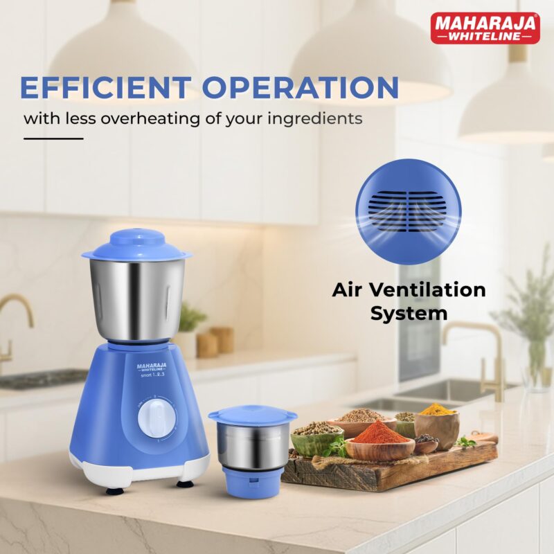 Maharaja Whiteline Smart 123 Mixer Grinder | 500-watt | 20000 RPM Motor Speed | Air Ventilation System | Stainless-Steel Jars & Blades | Unique Jar Flow Breakers| 2 Year Motor Warranty |Blue - Image 2