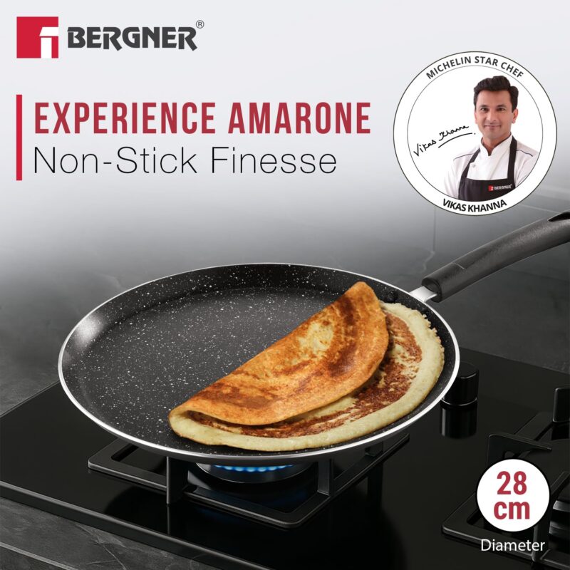BERGNER Amarone 28cm Non-Stick Dosa Tawa, Durable, Non-Stick Coating, Marble Finish, Ergonomic Bakelite Handle with Excellent Grip, Pressed Aluminium, Large Size - Induction and Gas Stove Compatible - Image 2