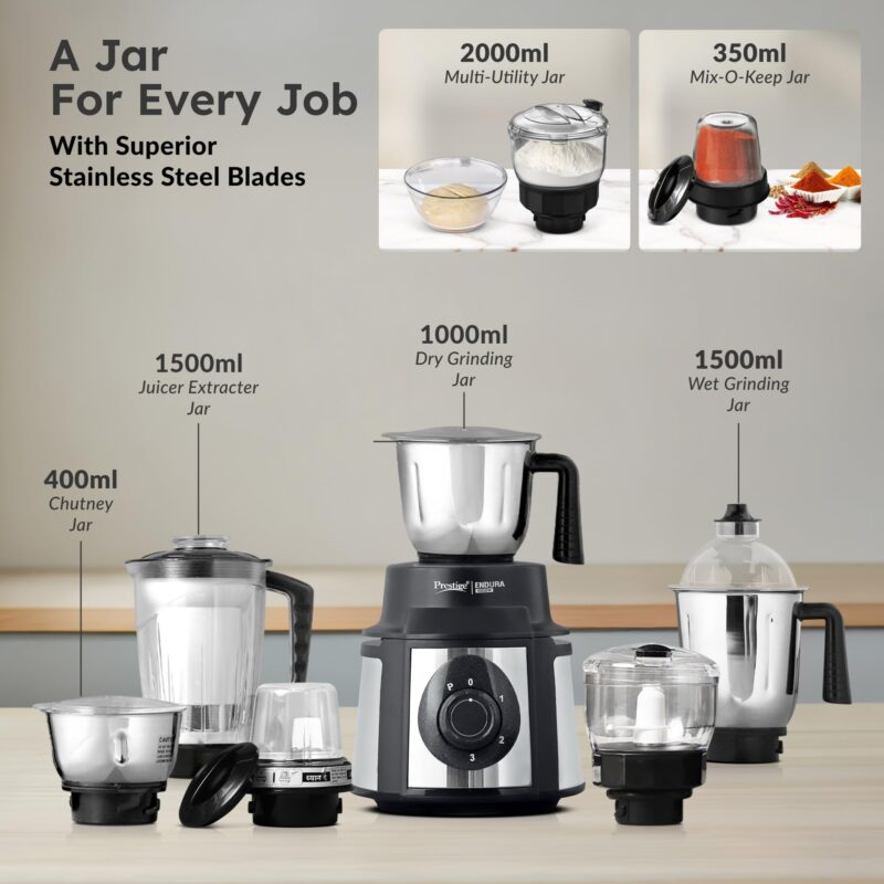 Prestige Endura 1000 Watt Mixer Grinder with 6 Jars | Heavy-Duty Ball Bearing Motor | 3 Stainless Steel Jars + 1 Juicer + 1 Mix-O-Keep + 1 Multi-Utility | SS Baldes | Black | 5Y Motor Warranty - Image 3