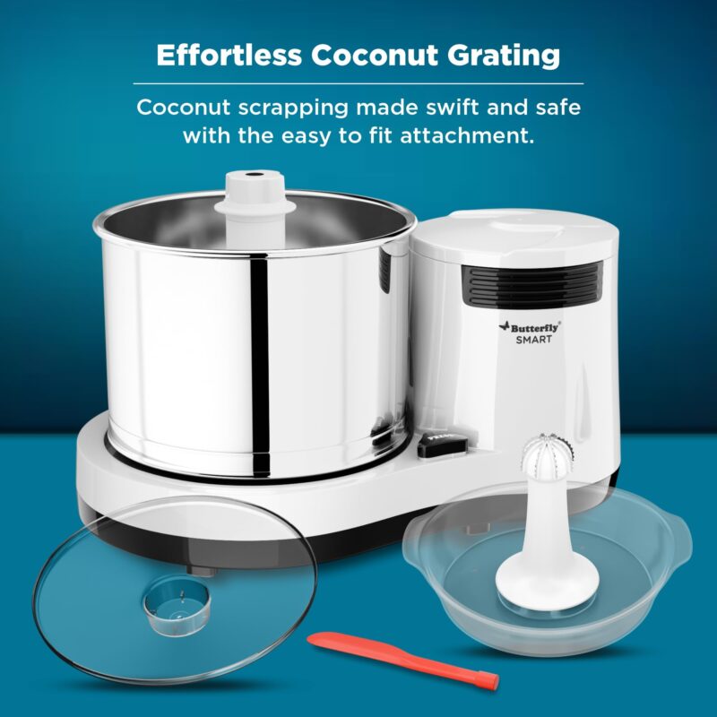 Butterfly Smart 2 Litres Table-Top Wet Grinder|150 Watts|Shockproof ABS Body| Coconut Scrapper Attachment|2 stones with 4-Way Grinding| Stainless Steel Drum | 2 Years Manufacturer's Warranty | White - Image 3