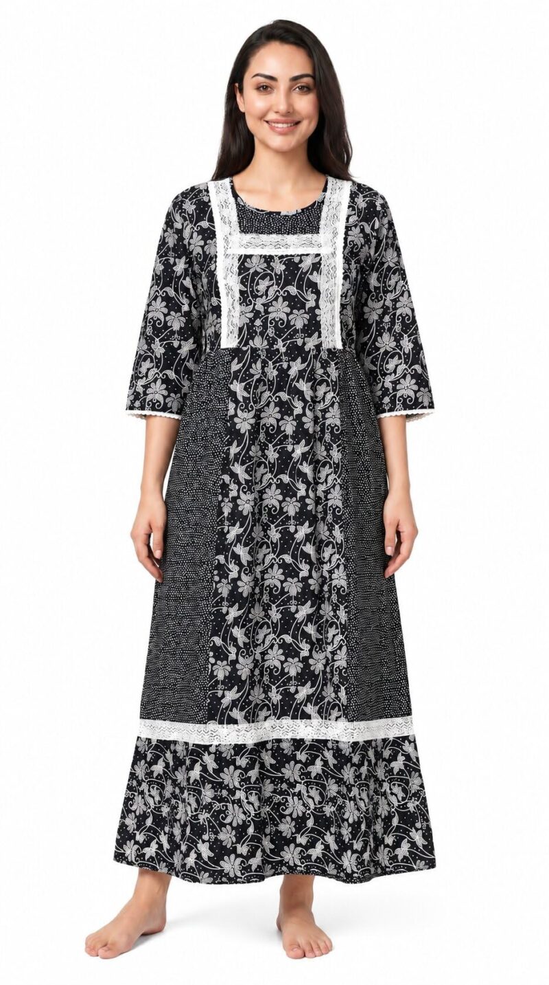 Evolove Farasha Kaftan Jalabiya Style Cotton Maxi Nighty for Women | V-Neck with Lace Trim | 3/4 Sleeves Full Length Nightdress, Jet Black, L