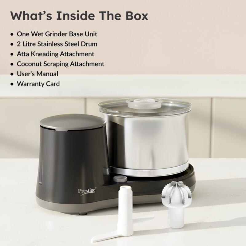 Prestige Ultima Pro 2 Litre Table Top Wet Grinder |200 Watts Heavy Duty Motor|Coconut Scraper Attachment|Atta Kneader Attachment|Stainless Steel Drum|2 Years Warranty|Grey & Black - Image 8