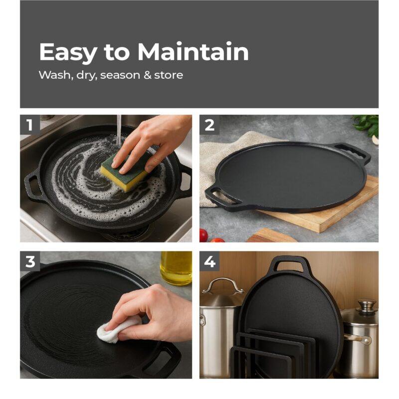 Lifelong Cast Iron 2-in-1 Dosa Tawa & Grill with Wooden Spatula (30cm) | Double-Sided Tawa/Pan for Roti, Dosa, Chapati, Fish & Steak | Naturally Nonstick, Gas & Induction Cookware | Reversible Cooking - Image 6