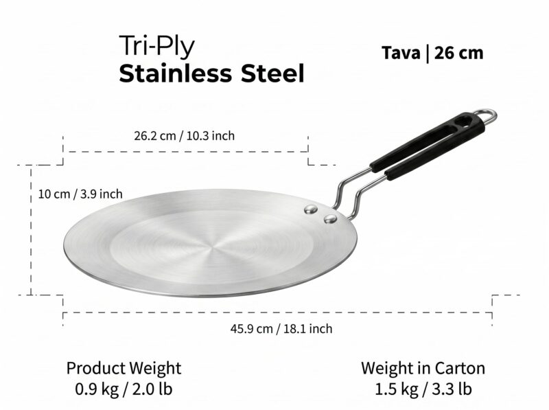 Triply Stainless Steel Tawa 26cm | 4mm Thick, 1Kg | Induction & Gas Compatible | SS 304 Interior | 100% Toxin-Free, No Chemical Coating | Even Heat, No Burning | Roti, Paratha, Chapati - Image 2