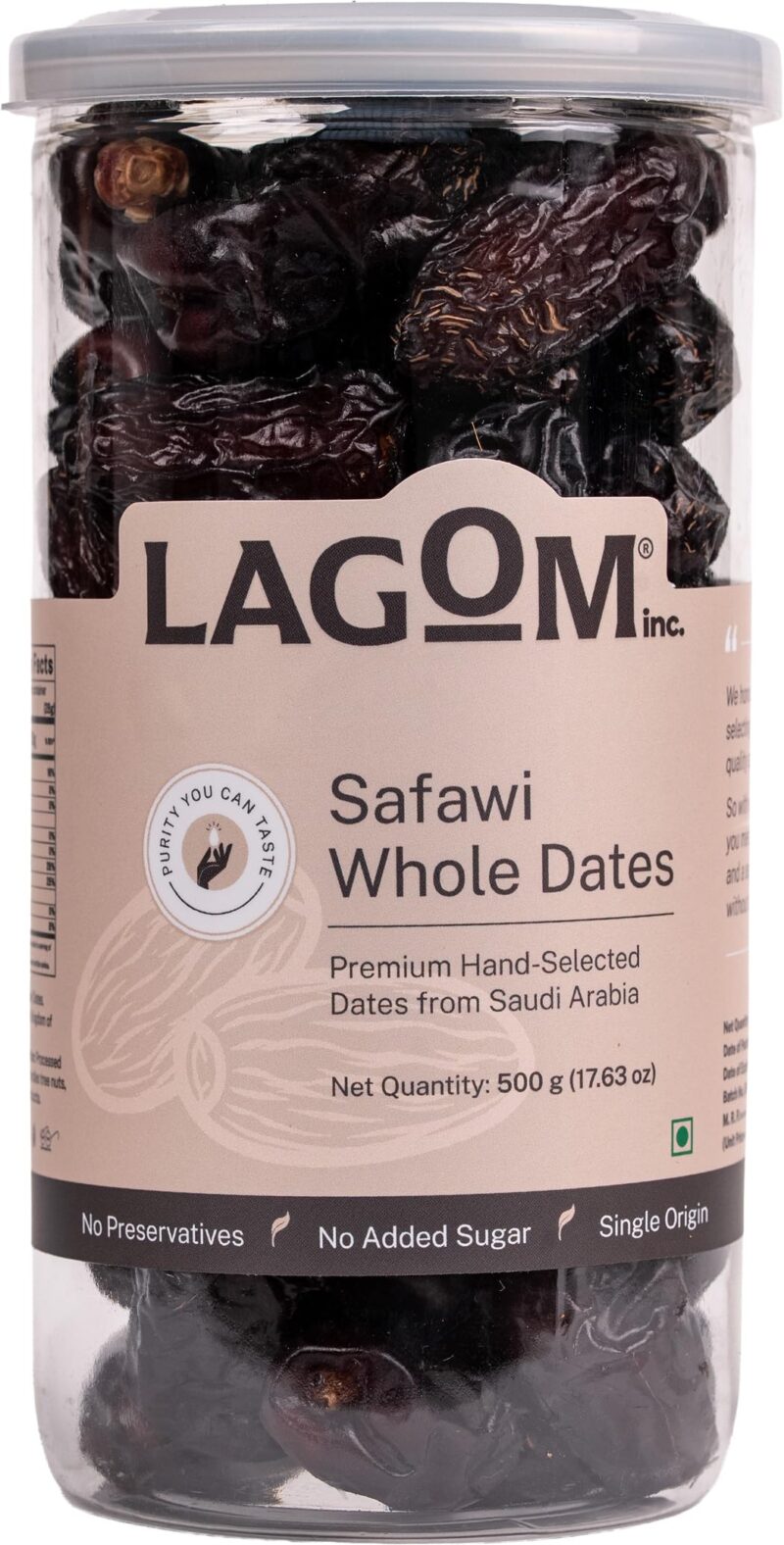 Lagom Safawi Whole Dates 500g | Premium Saudi Khajoor | Soft, Rich & Naturally Sweet | No Added Sugar, No Preservatives | Vegan, Gluten Free, Non-GMO