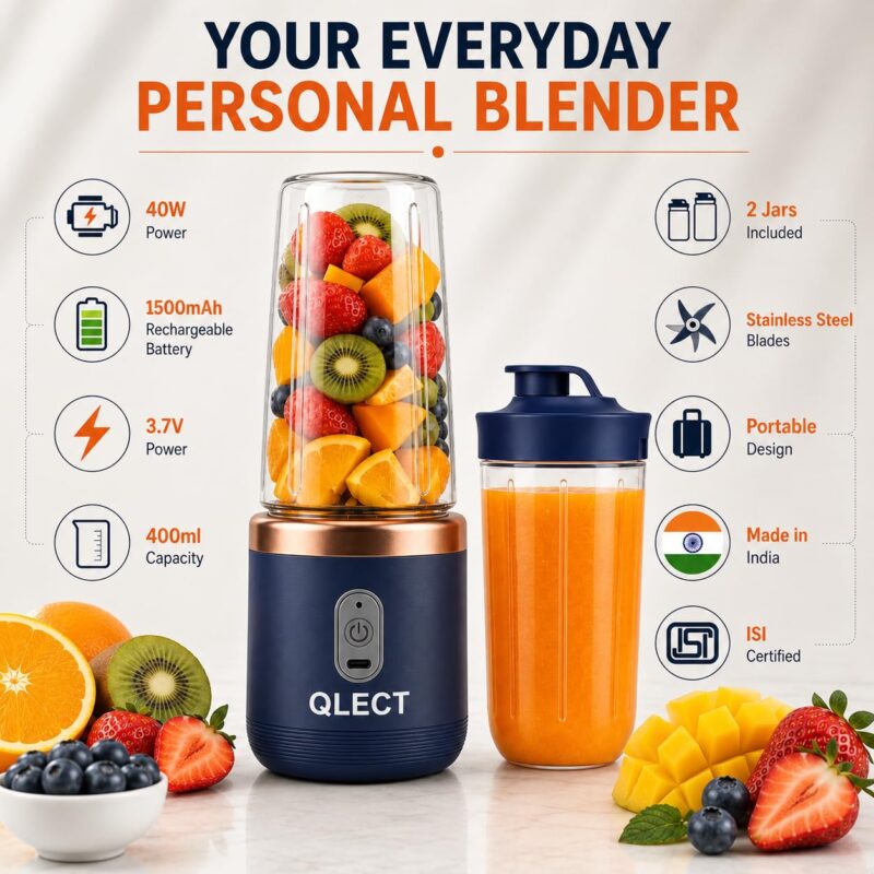 QLECT Portable Blender for Smoothies & Juices | 400ml Personal Juicer Mixer Grinder | 1500mAh USB Rechargeable Battery | 2 Jars | Stainless Steel Blades | ISI Certified | Made in India(Blue) - Image 8