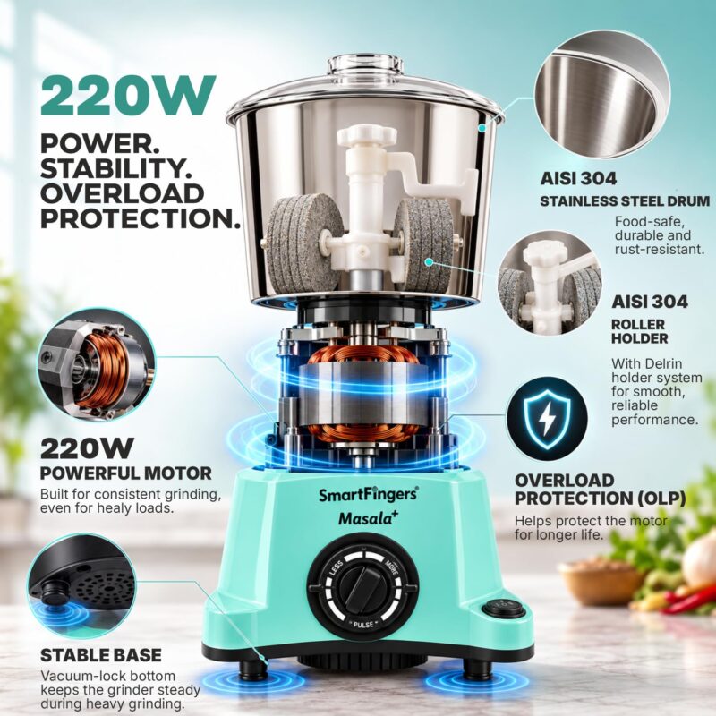SmartFingers Masala + Table Top Wet Grinder 230V, 3 Liter, Green with Coconut Scrapper & Atta Kneader Attachment | Hands-Free Batter Dispenser | Top Wiper, 220W Motor | 5 Years Warranty | ABS - Image 5