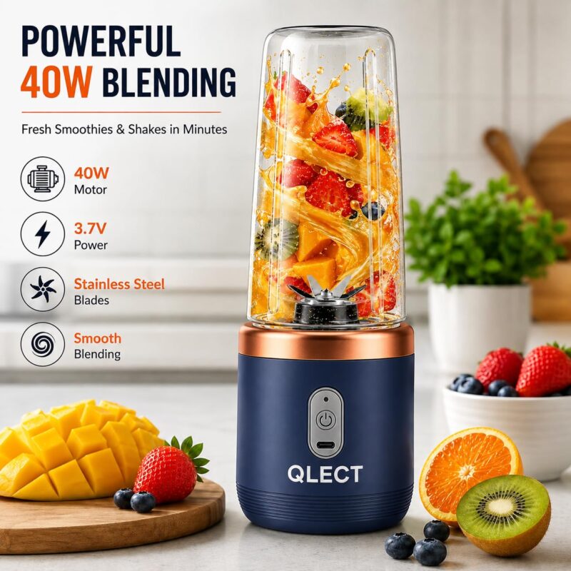 QLECT Portable Blender for Smoothies & Juices | 400ml Personal Juicer Mixer Grinder | 1500mAh USB Rechargeable Battery | 2 Jars | Stainless Steel Blades | ISI Certified | Made in India(Blue) - Image 2