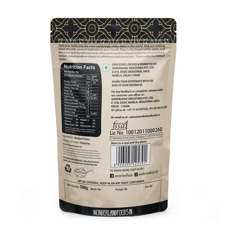 Wonderland Foods 200g Premium Medjool Dates Pouch | King of Dates | Dry Fruits Healthy & Nutritious Soft Khajoor, Khajur Rich In Iron, Fibre & Vitamins, Fresh - Image 2