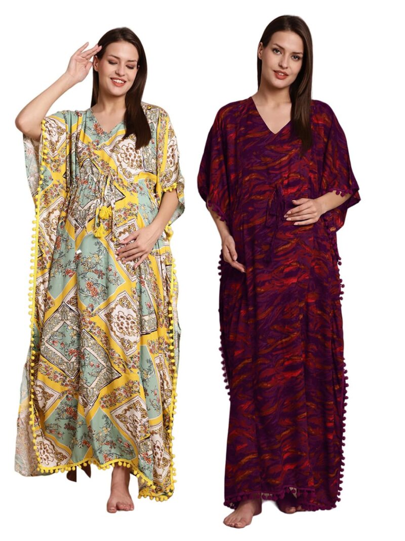 Secret Wish Yellow & Purple Printed Maternity Kaftan (Multi-Color Pack of 2) Free Size/Feeding/Nursing/Zipper/Drawstring/Full Length