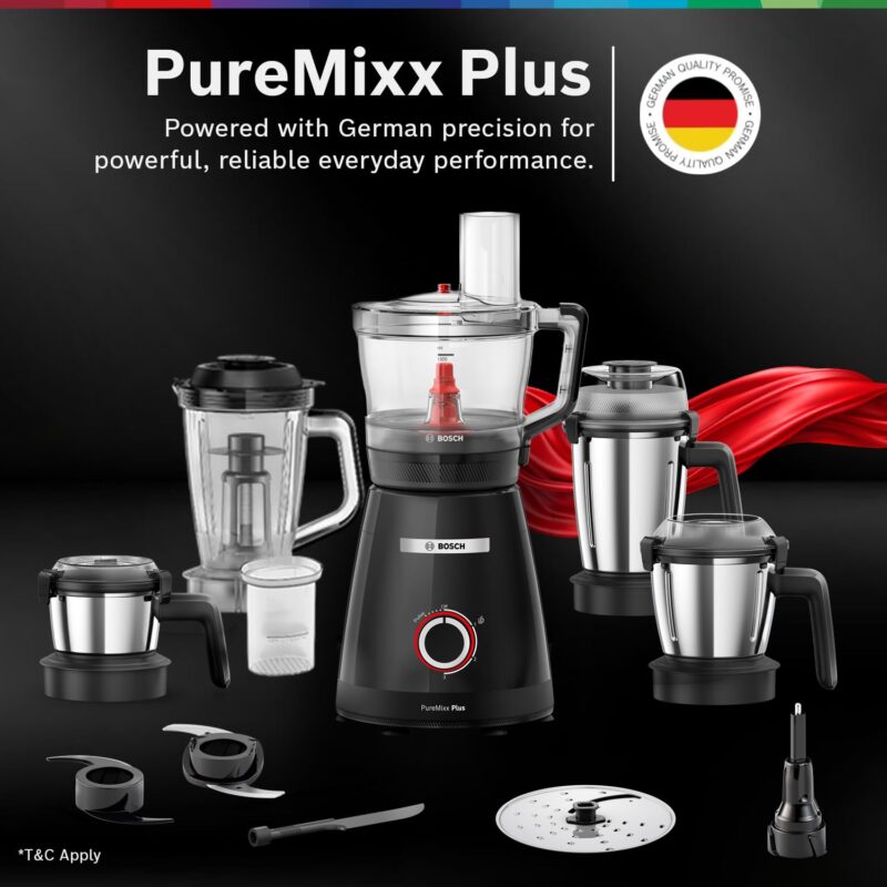 Bosch PureMixx Plus 800W Mixer Grinder & Food Processor with 5 Jars, 40+ Functions, Atta Kneading, Chopping, Slicing, Coarse Grinding, Hands-Free Operation, 7-Year Motor Warranty, Black - Image 10