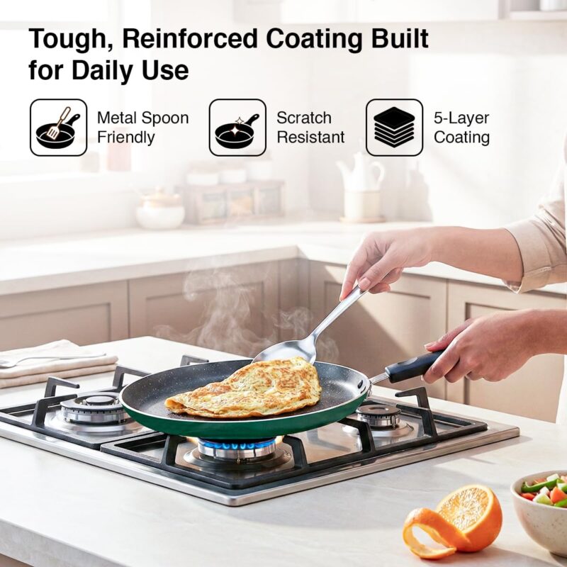 Prestige Omega Granite Non-Stick 3 Pc Cookware Set with Glass Lid | 5-Layer Coating | Gas & Induction Compatible | Omni Tawa 25cm | Fry Pan 24cm | Kadai 24cm | Moss Green | 2Y Warranty |ISI Certified - Image 9