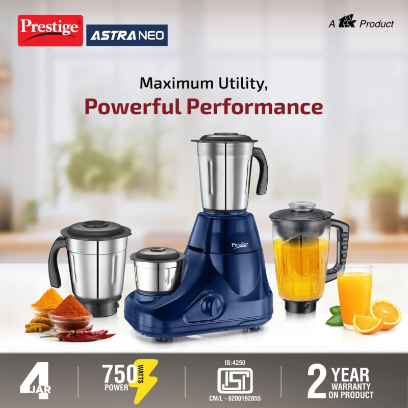 Prestige Astra Neo 750 Watt Mixer Grinder with 4 Jars (3 Stainless Steel + 1 Juicer) | Space-Saving Stacking Design | Super Efficient SS Blades | Blue |2Y Warranty | ISI Certified - Image 3