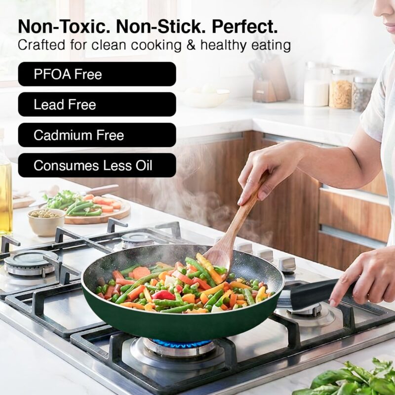 Prestige Omega Granite Non-Stick 3 Pc Cookware Set with Glass Lid | 5-Layer Coating | Gas & Induction Compatible | Omni Tawa 25cm | Fry Pan 24cm | Kadai 24cm | Moss Green | 2Y Warranty |ISI Certified - Image 8