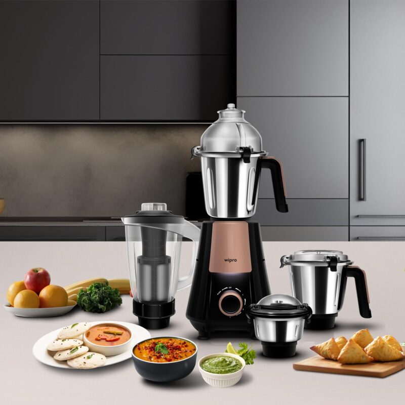 Wipro Elato Divine FMG 215 800 Watt Mixer Grinder with 4 Jars,Heavy Duty 100% Copper Ball Bearing Motor with 5 Year Warranty,Superfast Grinding,Clip Lids - Hands Free use, 4 Jars Mixer Grinder,Black - Image 3