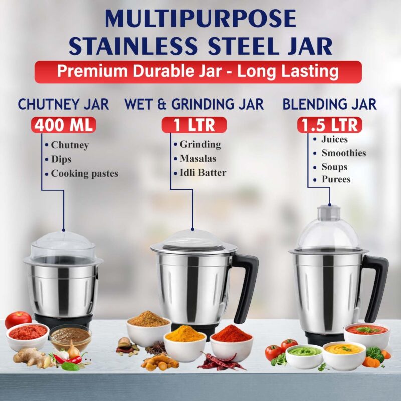Kanchan Tiago Mixer Grinder 750 watt - 3 Stainless Steel Jars for Wet & Dry Grind & Blend (Chutney, Juices, Puree, Batter, Masala)- Heavy Duty Motor Mixi Grinder, 5 Year Warranty, ISI Certified - Image 3