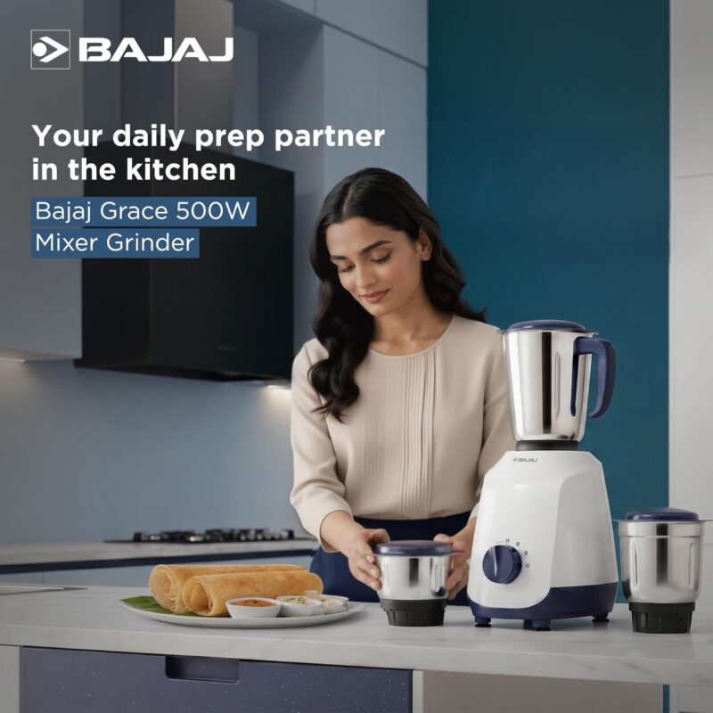 Bajaj Ninja Series Grace 500W Mixer Grinder | Mixie For Kitchen With Duracut® Blades | 2-In-1 Blade Function For Dry & Wet Grinding | 2 Mixie Jars | 5-Yr Motor Warranty 【Midnight Blue】 - Image 2