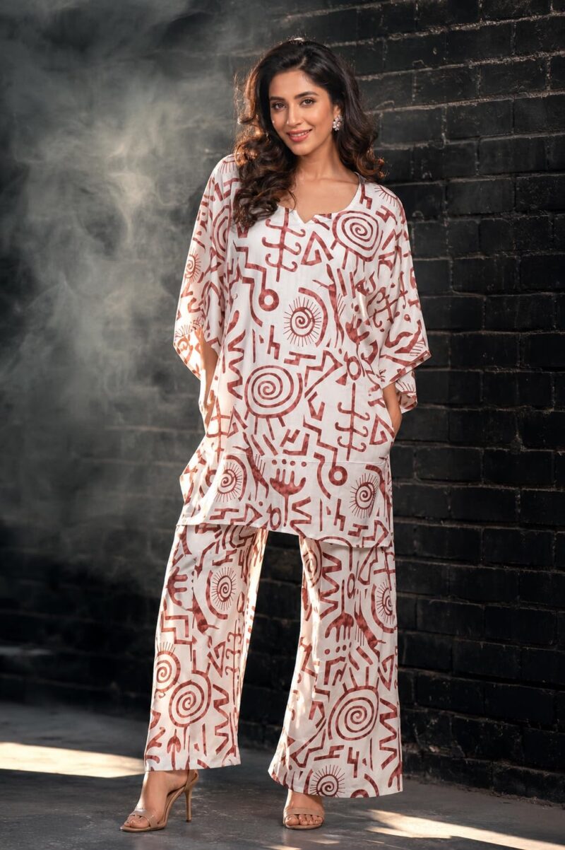 Cotton Printed Kaftan Co-Ord Set Free Size | MAROON Abstract Geometric Print Kaftan Top with Palazzo Pants | Free Size Relaxed Fit Lounge Wear, Travel Wear & Resort Wear for Women - Image 2