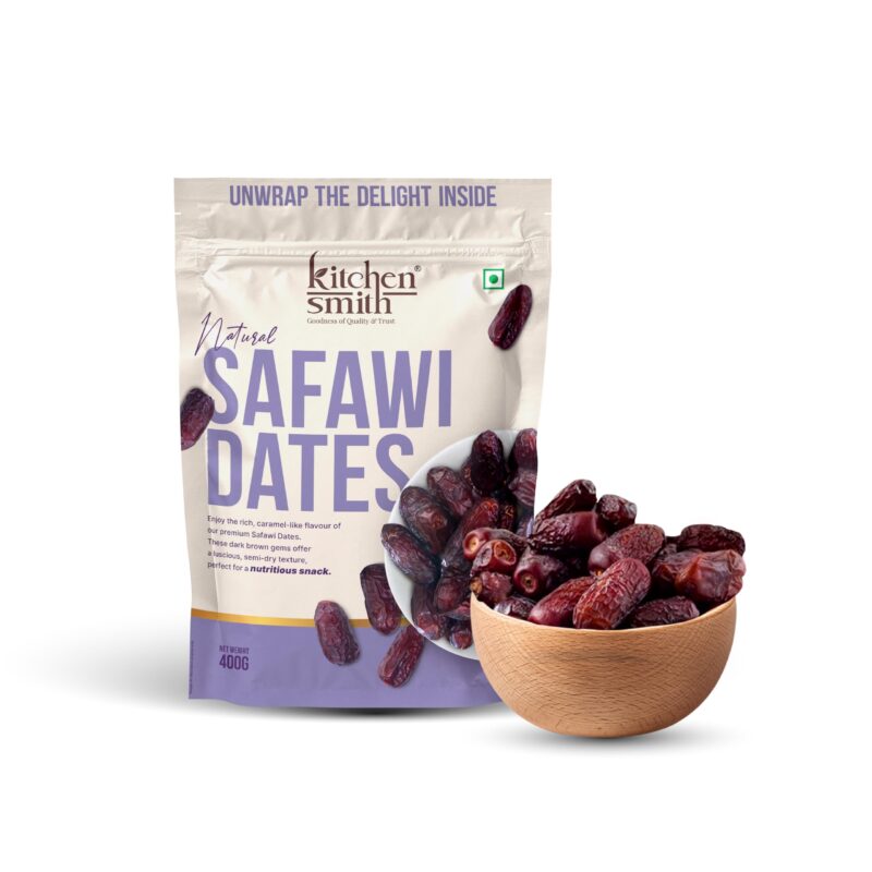 KitchenSmith Safawi Fresh Dates - 400gm | No Preservatives & Added Sugar | High Fibre | Energy Health Snacks | Premium Khajoor