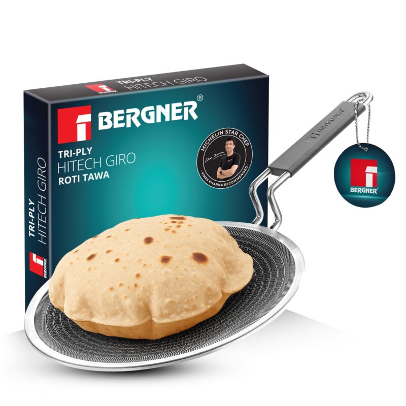 Bergner Hi-Tech Giro Triply Stainless Steel Roti Tawa 26cm, Non-Stick Tava for Chapati/Paratha, Honeycomb Non-Stick Coating, PFOA Free, Healthy Cooking, Stay Cool Handle, Induction and Gas Stove Ready