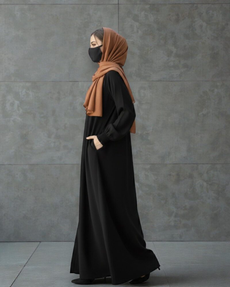 Bashariya Front Open Zipper Abaya for Women in Firdaus Fabric | Smocking Sleeves | Modest Islamic Dress with Belt & Matching Hijab | Elegant Free Size Kaftan Style Abaya-(BLACK-XL) - Image 7