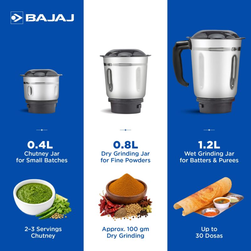 Bajaj Rex 500W Mixer Grinder | 3 Stainless Steel Jars with Multifunctional Blades | Nutri-Pro Feature for Efficient Grinding & Blending | Adjustable Speed Control | 1 Year Warranty | Black & Orange - Image 5
