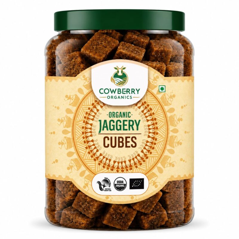 COWBERRY Organic Jaggery Cubes/Desi Gud Cubes, Pre-Portioned Sulphurless Sugarcane | NPOP India, NOP USDA, EU Organic Certified | Lab-Tested 252+ Chemicals & Glyphosate Free | No Bleaching (1 kg)
