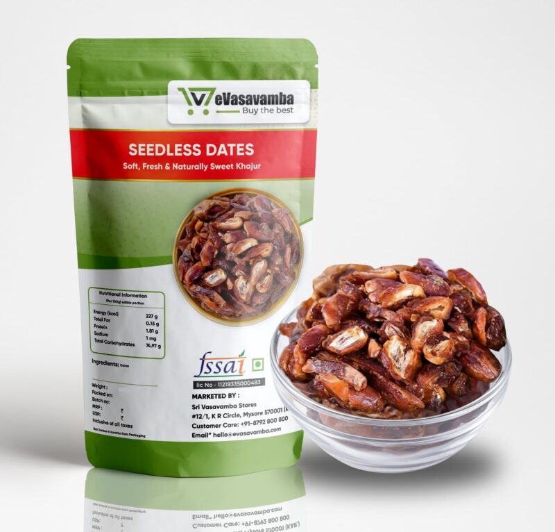 eVasavamba Seedless Dates | Soft, Fresh & Naturally Sweet Khajur | A++ Grade | No Added Sugar | Ready to Eat (250g)