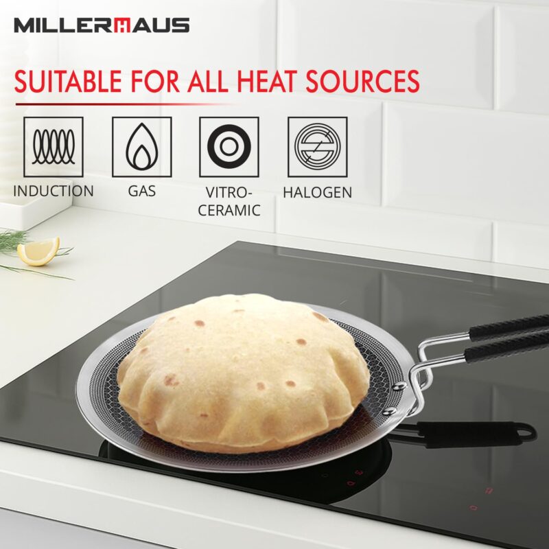 Millerhaus Triply Honeycomb 25cm Roti Tawa, Honeycomb Pattern with Non-Stick Coating, Metal Utensil Safe, Healthy Cooking, Even and Faster Heating, Stay Cool Wired Handle - Induction and Gas Ready - Image 7