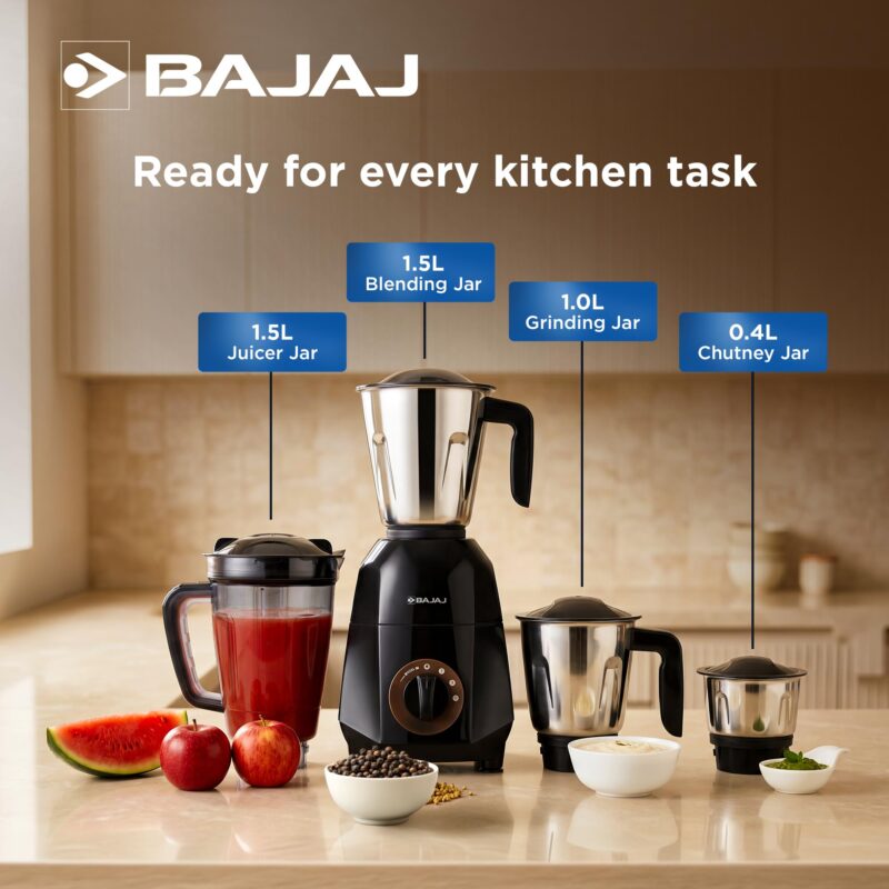 Bajaj Rex Dlx Ninja Series 4 Jar 750W Mixer Grinder | DuraCut Blades | 4 Stainless Steel Mixer Jars | Dry & Wet Grinding | 2 Yrs Warranty 【Black/Brown】 - Image 5