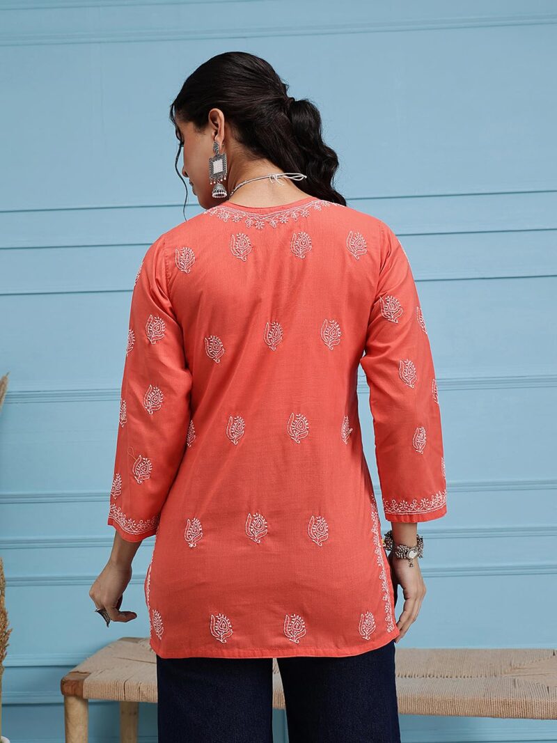 Ada Hand Embroidered Chikankari Red Cotton Top for Women A911387 (S) - Image 2