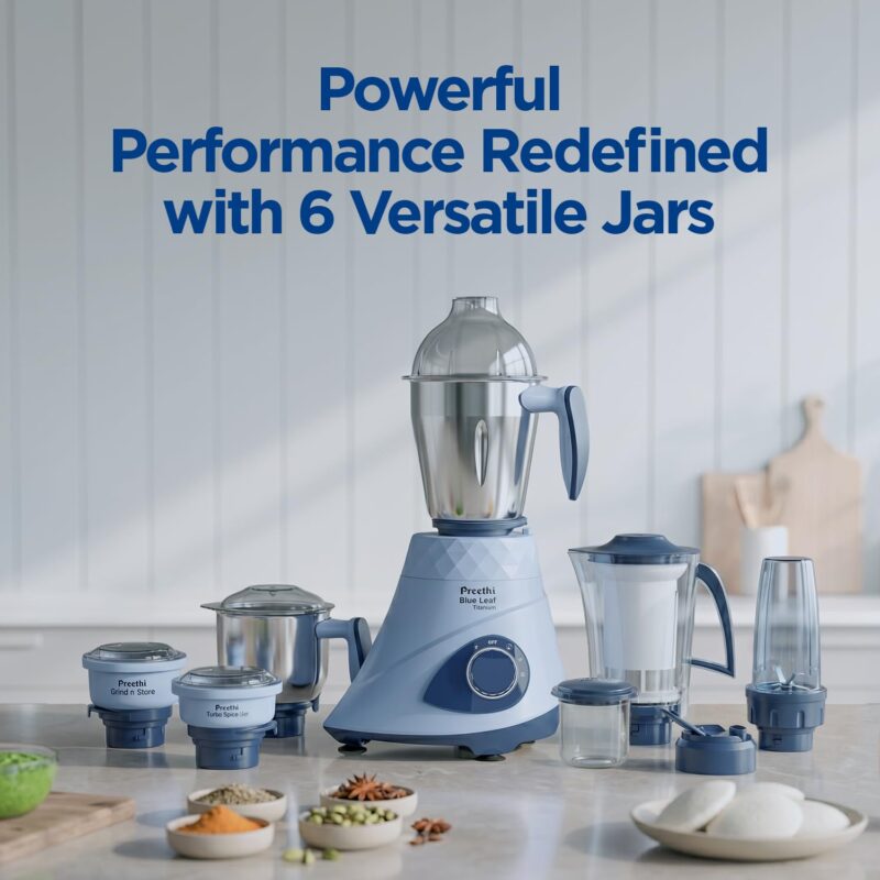 Preethi Blue Leaf Titanium 1000 Watts Mixer Grinder, 7 Jars (4 Stainless Steel Jars, Juicer, Blender), Superfine Grinding for Masalas, Chutneys and Batters, 2 Year Warranty, Lifelong Free Service,Blue - Image 3