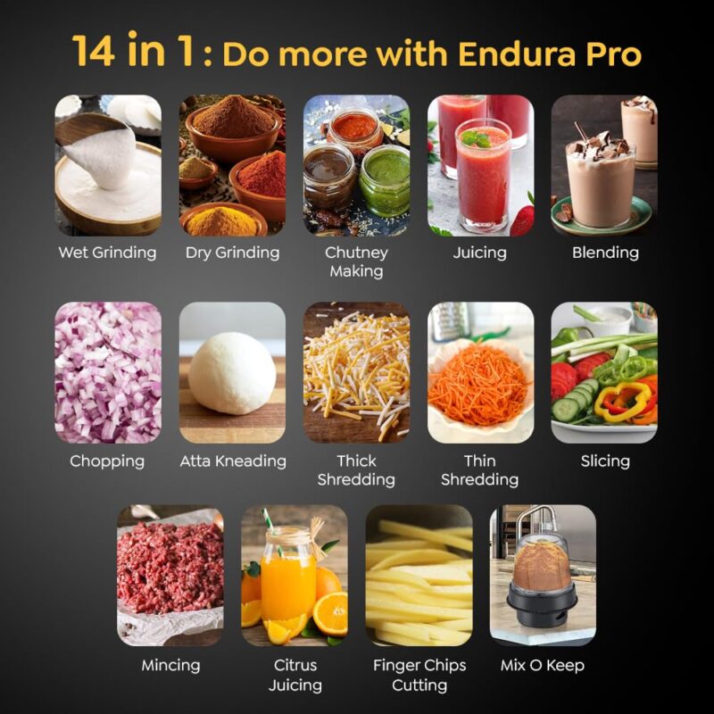Prestige Endura Pro 1000 Watt Multi Functional Mixer Grinder | Heavy-Duty Ball Bearing Copper Motor | 6 Jars with Food Processing Attachments | 14 Functions in One | 5Y Motor Warranty - Image 2