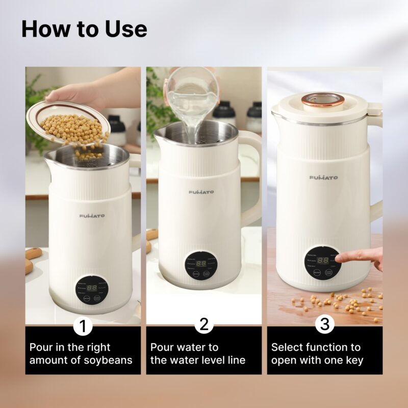 FUMATO Soup Maker | Multifunctional Vegan Milk Machine | Make Vegan Milk From Nuts Almonds Soya Oats | Boil Water Fruit Juice | PP Outer Shell 304 Stainless Steel Inner | 800ml | Auto Shutoff - Image 2