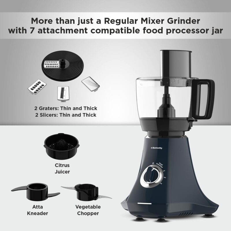 Butterfly Nexo 750W Mixer Grinder Food Processor with 6 Jars | Kneading, Chopping, Slicing, Grinding, Mincing, Grating, Juicing & Spice grinding | Evion-GT Motor with FPSS Technology | Ink Blue - Image 6
