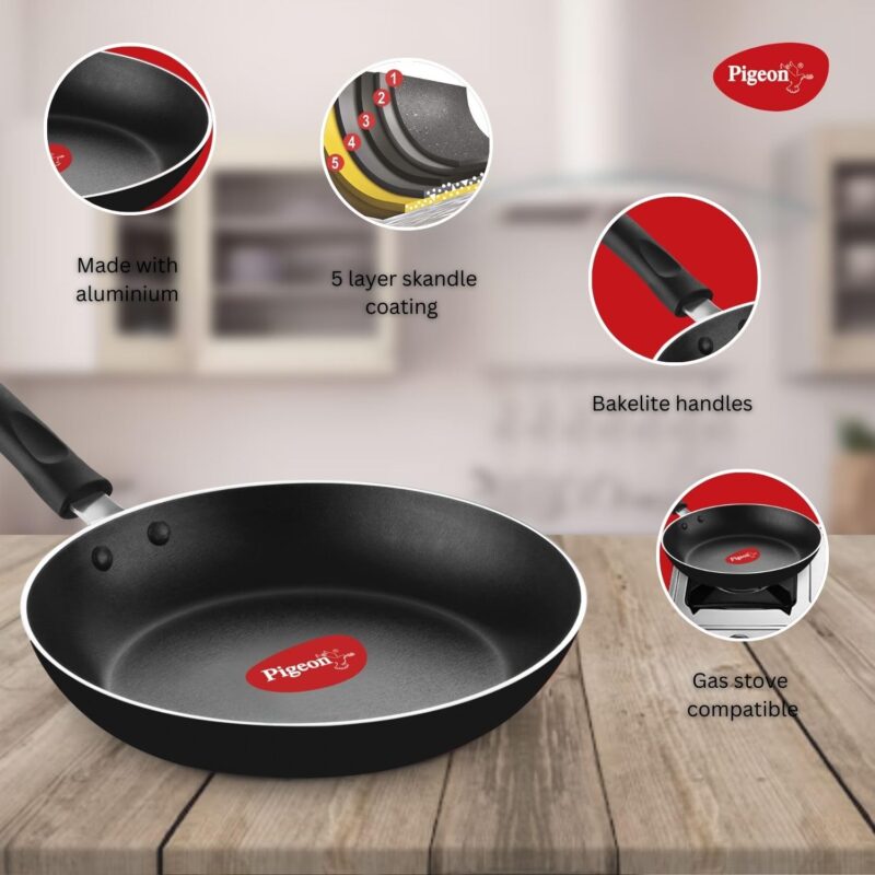 Pigeon Mio Nonstick Aluminum Cookware Gift Set, Includes Flat Tawa, Fry Pan, Kadai with Glass Lid, Kitchen Tool Set, Black, 8 Pieces - Image 2