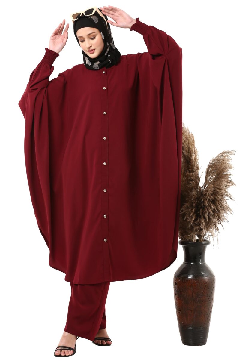 BT - Being Traditional Modest Co-Ord Set for Women - Loose Fit Front Open Free Size Kaftan Top with Trouser (Top: Free Size | Trouser: Large, Maroon) - Image 3