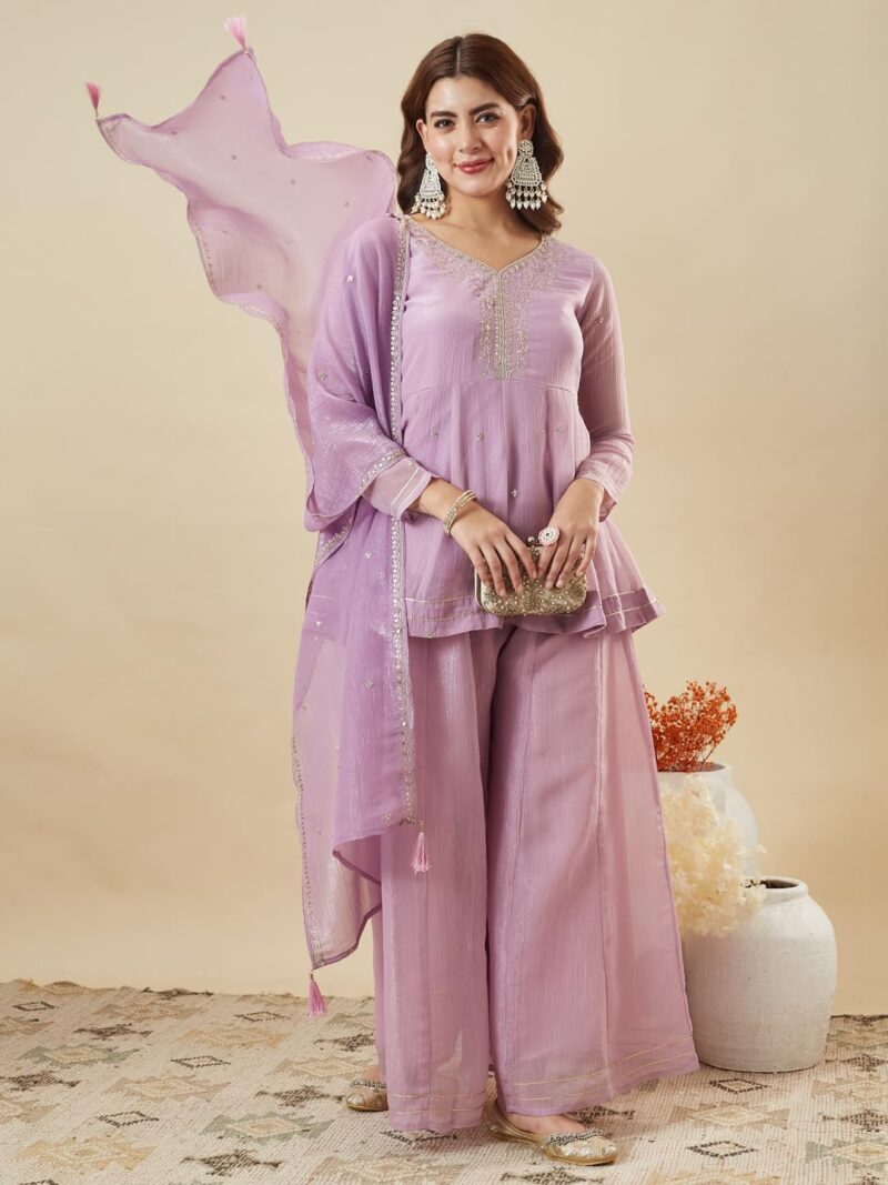 MOKOSH Women’s Lavender Silk Embroidery Peplum Kurta Sharara with Dupatta - Image 7