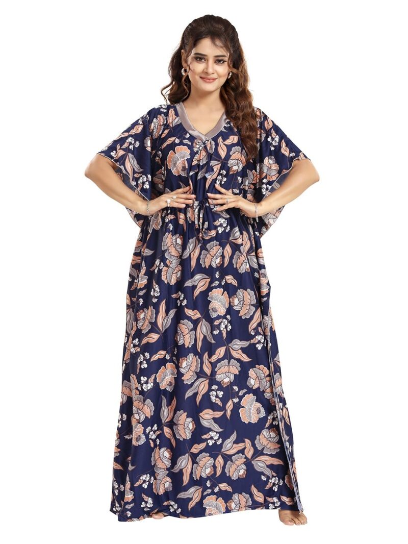 Gutthi Women's Kaftan Nighty | Printed | Sarena Fabric | V Shaped Neck Nightwear | Nightdress for Girl | Comfort wear Nighty (Blue Floral, Free Size)