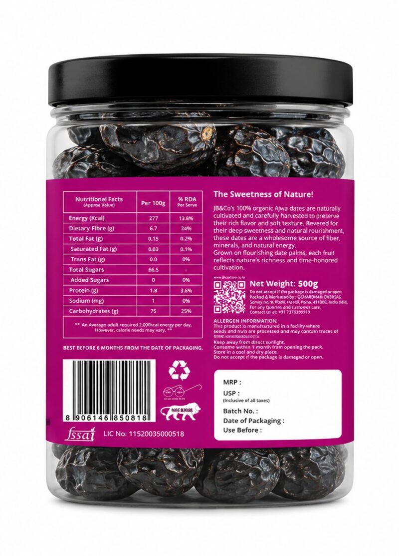JB&CO Ajwa Dates 500g JAR | Premium Saudi Madina Ajwa khajoor | Soft, Natural, No Added Sugar | Rich in Fiber, Iron & Energy - Image 2