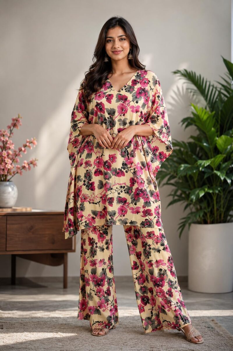 Women's Floral Printed Cotton Kaftan & Palazzo Set | V-Neck Loose Fit Lounge Wear Co-Ord Set | Soft Breathable Casual Nightwear Loungewear for Women | Beige (XXL) - Image 3