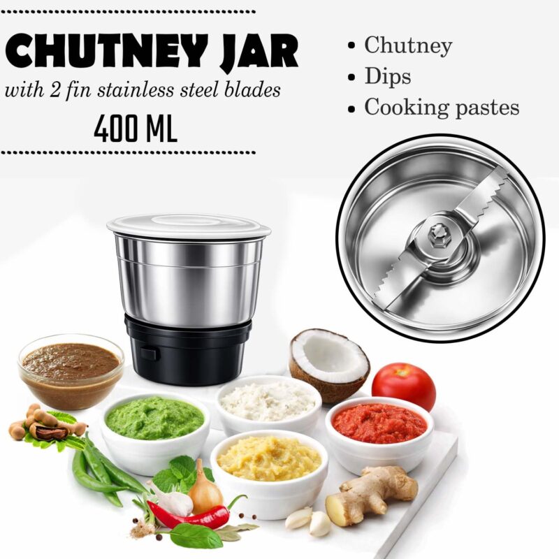 Kanchan Mixer Grinder 500 Watt with 3 Stainless Steel Jars (1.5 L Wet, 1 L Dry & Wet, 400ml Chutney Jar), Powerful Motor with Overload Safety, Adjustable Speed Control -2 Year Warranty (Tigor) - Image 5
